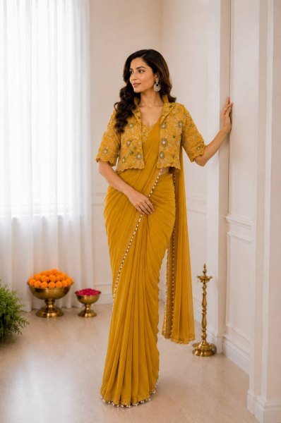 Compact Yellow Ready to Wear Saree with Embroidered Koti for Festive Functions Ready To Wear Saree 