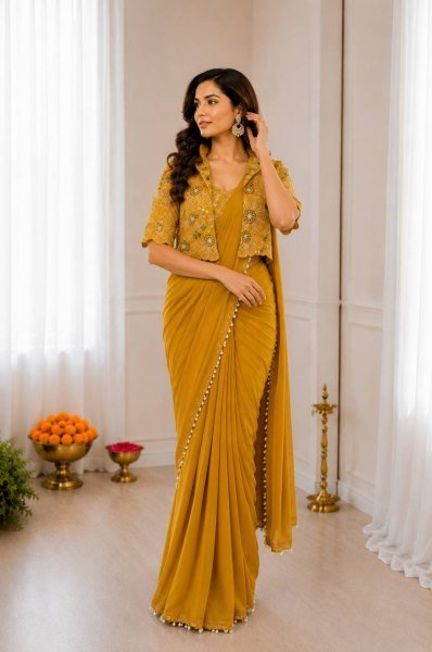 Compact Yellow Ready to Wear Saree with Embroidered Koti for Festive Functions Ready To Wear Saree 