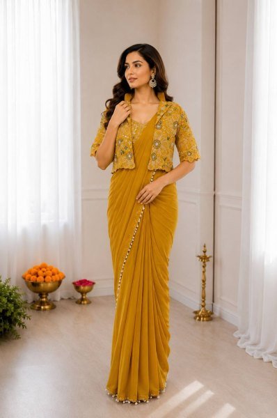 Compact Yellow Ready to Wear Saree with Embroidered Koti for Festive Functions Ready To Wear Saree 