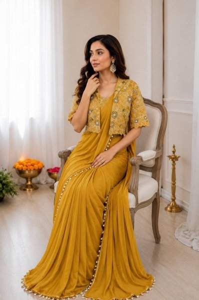 Compact Yellow Ready to Wear Saree with Embroidered Koti for Festive Functions Ready To Wear Saree 