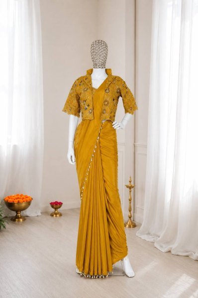 Compact Yellow Ready to Wear Saree with Embroidered Koti for Festive Functions Ready To Wear Saree 