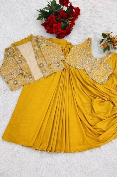 Compact Yellow Ready to Wear Saree with Embroidered Koti for Festive Functions Ready To Wear Saree 