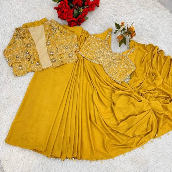 Compact Yellow Ready to Wear Saree with Embroidered Koti for Festive Functions Ready To Wear Saree 