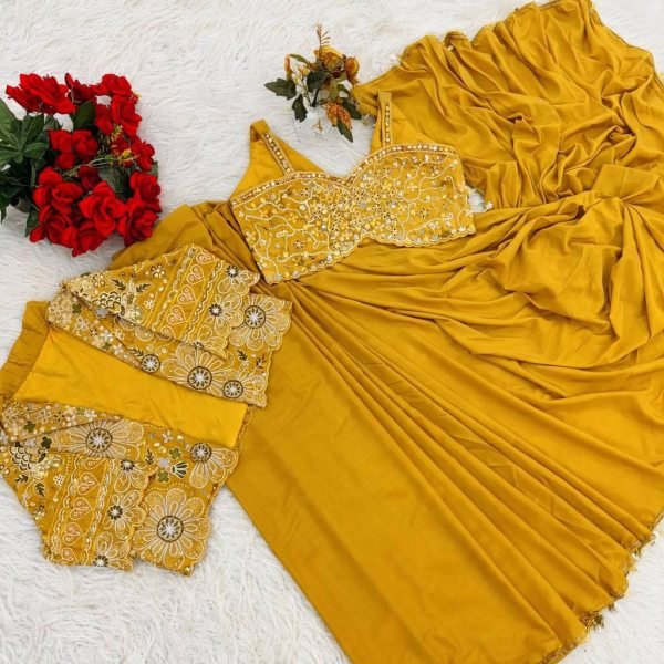 Compact Yellow Ready to Wear Saree with Embroidered Koti for Festive Functions Ready To Wear Saree 