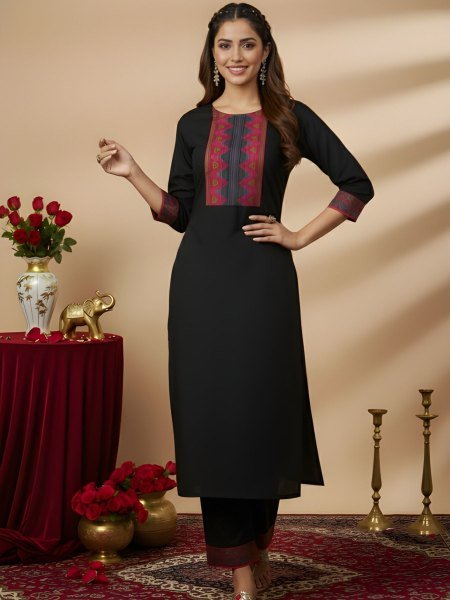 Contemporary Black Comfortable Cotton Outfit for Daily and Office Wear Kurtis
