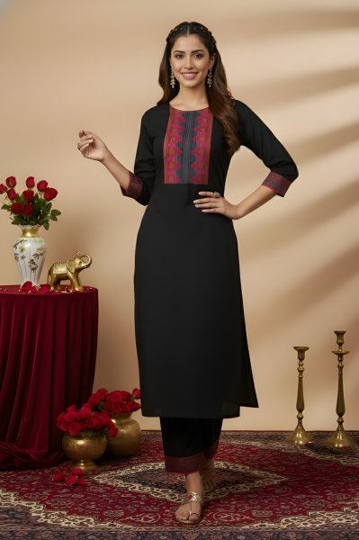 Contemporary Black Comfortable Cotton Outfit for Daily and Office Wear  Straight Cut Long Kurtis