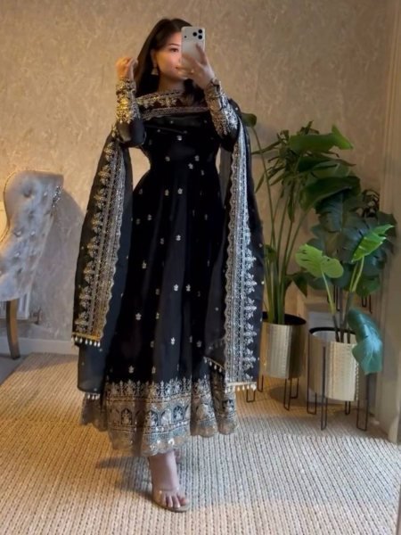Contemporary Black Designer Ethnic Gown Set for Women with Dupatta and Straight Pant Ready To Wear Suit