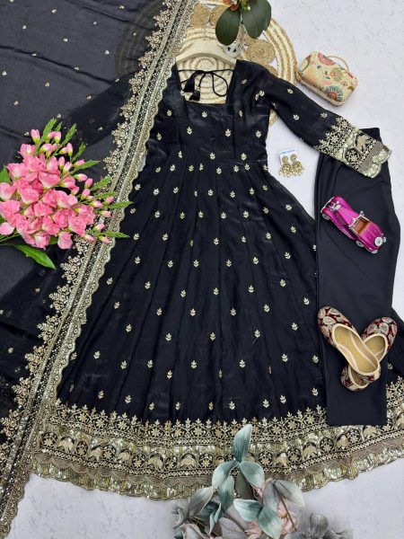 Contemporary Black Designer Ethnic Gown Set for Women with Dupatta and Straight Pant Ready To Wear Collection