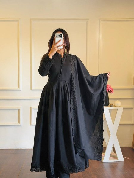 Contemporary Black Heavy Roman Silk Gown with Cutwork Dupatta Ready To Wear Suit