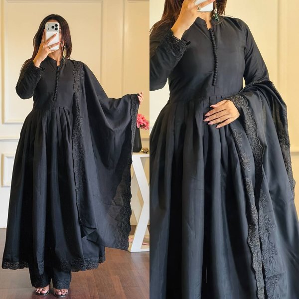 Contemporary Black Heavy Roman Silk Gown with Cutwork Dupatta Ready To Wear Collection