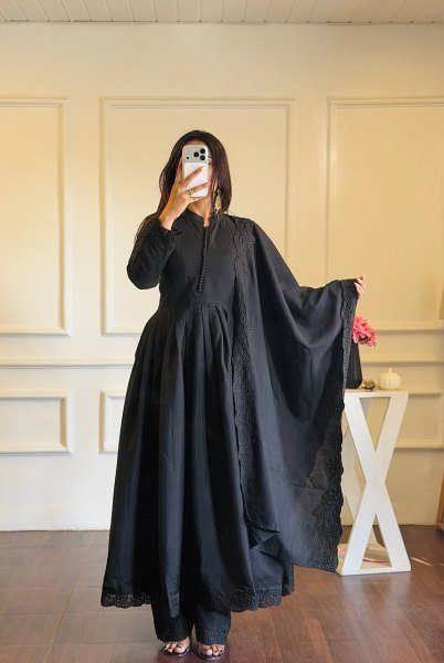 Contemporary Black Heavy Roman Silk Gown with Cutwork Dupatta Ready To Wear Collection