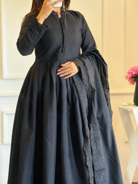 Contemporary Black Heavy Roman Silk Gown with Cutwork Dupatta Ready To Wear Collection
