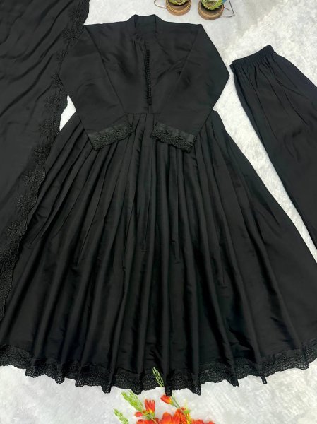 Contemporary Black Heavy Roman Silk Gown with Cutwork Dupatta Ready To Wear Collection