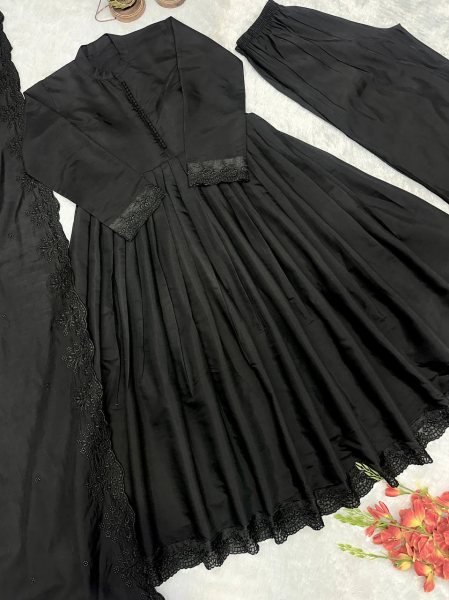 Contemporary Black Heavy Roman Silk Gown with Cutwork Dupatta Ready To Wear Collection