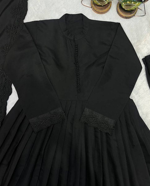 Contemporary Black Heavy Roman Silk Gown with Cutwork Dupatta Ready To Wear Collection