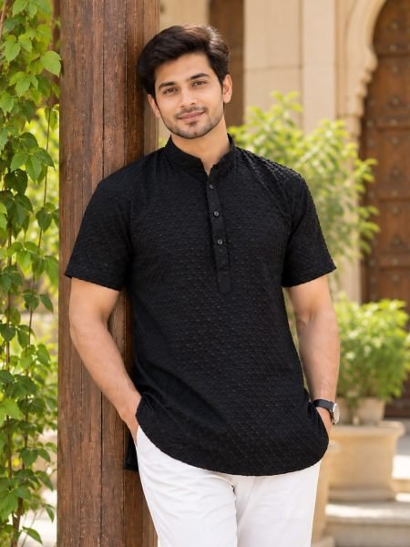 Contemporary Black Rayon Chikankari Short Kurta for Men Mens Wear