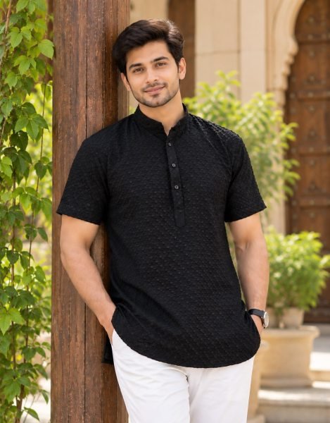 Contemporary Black Rayon Chikankari Short Kurta for Men Kurta Pajama Wholesale