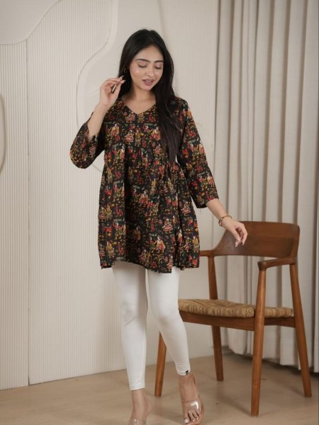 Contemporary Black Women Embroidered Cotton Ethnic Top with Zari Weaving Kurtis