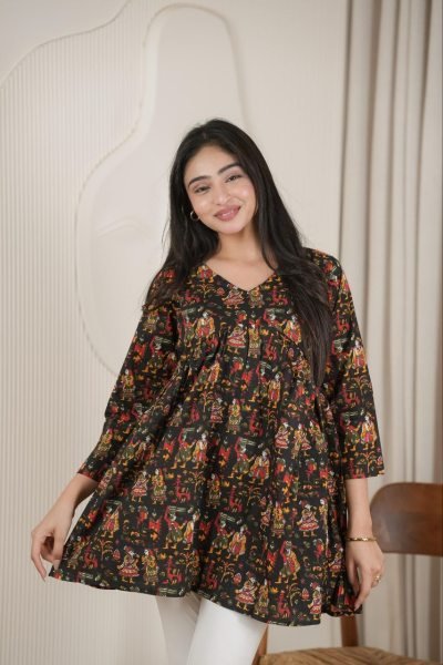 Contemporary Black Women Embroidered Cotton Ethnic Top with Zari Weaving Tunics kurti