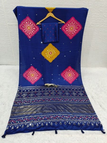 Contemporary Blue Boutique Style Japan Satin Silk Saree with Heavy Mirror Work Sarees 