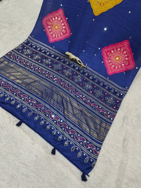 Contemporary Blue Boutique Style Japan Satin Silk Saree with Heavy Mirror Work Silk Sarees Wholesale