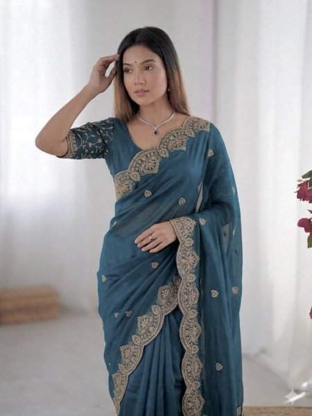 Contemporary Blue Georgette Saree for Simple Festive Styling Embroidery Sarees Wholesale