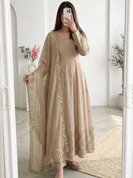 Contemporary Cream Heavy Crunchy Silk Anarkali Gown with Embroidered Dupatta and Pant Set Ready To Wear Suit