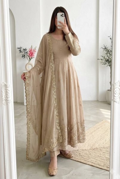 Contemporary Cream Heavy Crunchy Silk Anarkali Gown with Embroidered Dupatta and Pant Set Ready To Wear Collection