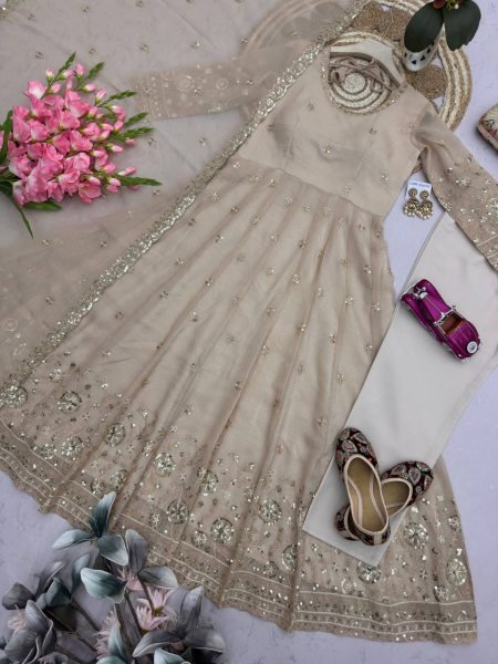 Contemporary Cream Heavy Crunchy Silk Anarkali Gown with Embroidered Dupatta and Pant Set Ready To Wear Collection