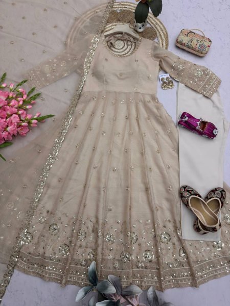 Contemporary Cream Heavy Crunchy Silk Anarkali Gown with Embroidered Dupatta and Pant Set Ready To Wear Collection