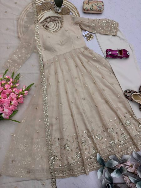 Contemporary Cream Heavy Crunchy Silk Anarkali Gown with Embroidered Dupatta and Pant Set Ready To Wear Collection