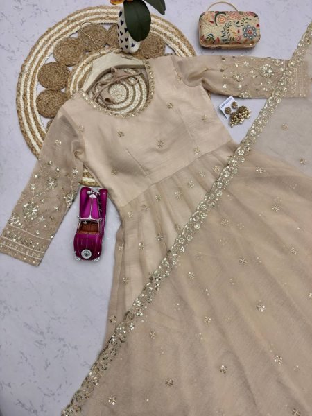 Contemporary Cream Heavy Crunchy Silk Anarkali Gown with Embroidered Dupatta and Pant Set Ready To Wear Collection