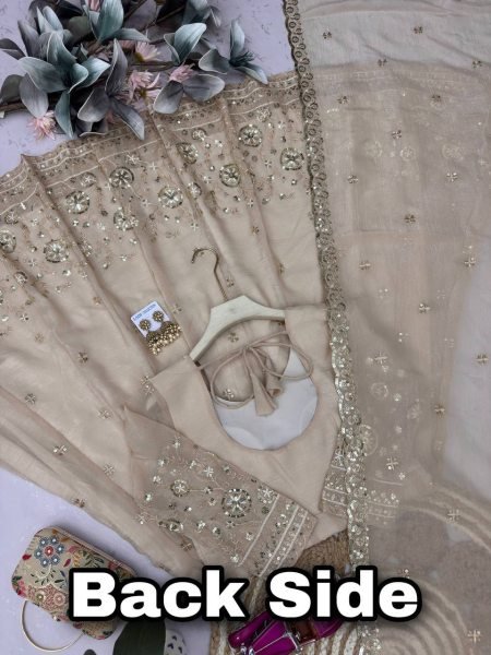 Contemporary Cream Heavy Crunchy Silk Anarkali Gown with Embroidered Dupatta and Pant Set Ready To Wear Collection