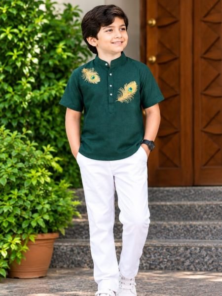 Contemporary Green Boys Party Wear Jippa with Soft Cotton Printed Fabric 
