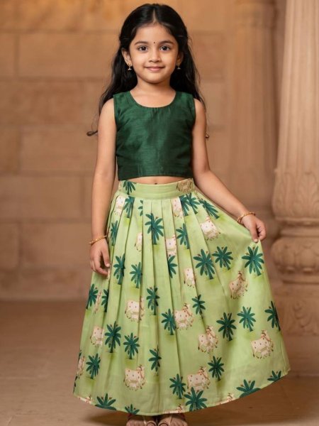 Contemporary Green Soft Muslin Lehenga Choli with Cute Cow Print for Summer Festive Wear 