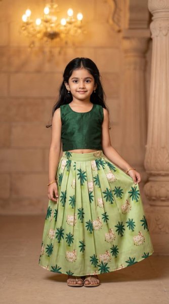 Contemporary Green Soft Muslin Lehenga Choli with Cute Cow Print for Summer Festive Wear Girls Wear