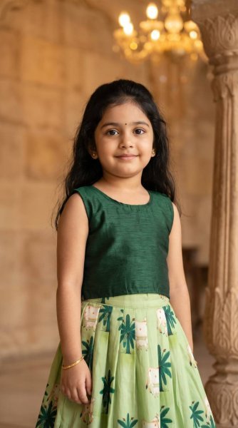 Contemporary Green Soft Muslin Lehenga Choli with Cute Cow Print for Summer Festive Wear Girls Wear