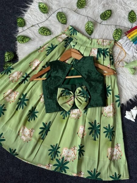 Contemporary Green Soft Muslin Lehenga Choli with Cute Cow Print for Summer Festive Wear Girls Wear