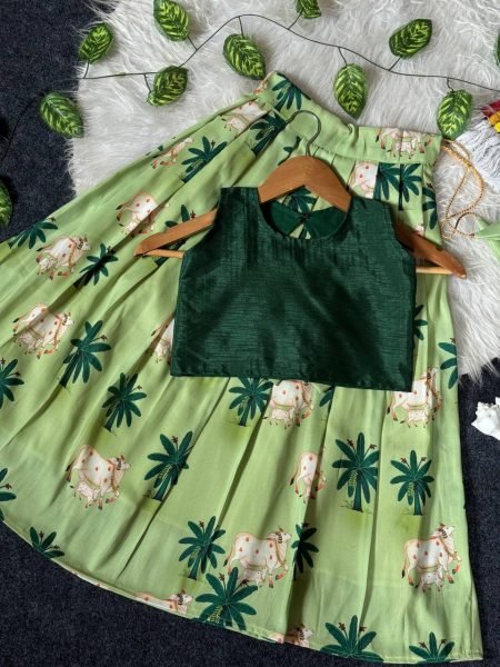 Contemporary Green Soft Muslin Lehenga Choli with Cute Cow Print for Summer Festive Wear Girls Wear