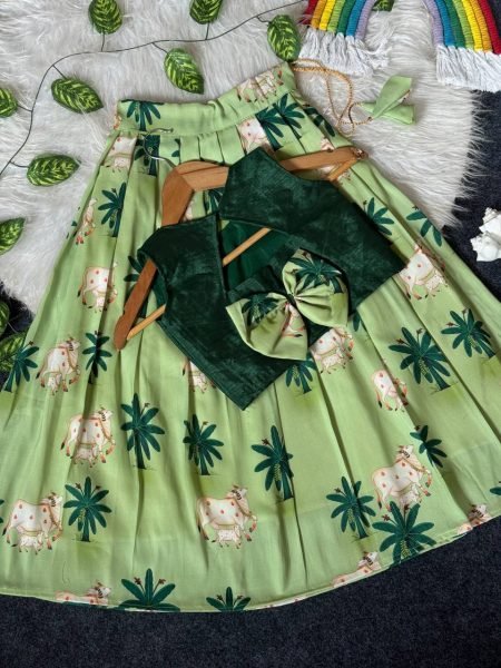 Contemporary Green Soft Muslin Lehenga Choli with Cute Cow Print for Summer Festive Wear Girls Wear