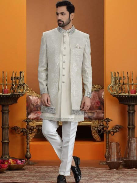 Contemporary Ivory Premium Ethnic Suit Set in Art Silk Fabric with Handwork Neck 