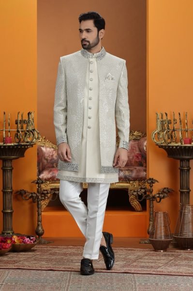 Contemporary Ivory Premium Ethnic Suit Set in Art Silk Fabric with Handwork Neck Kurta Pajama Wholesale
