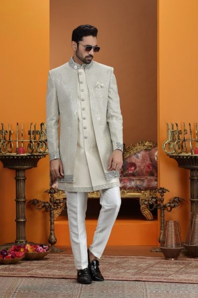 Contemporary Ivory Premium Ethnic Suit Set in Art Silk Fabric with Handwork Neck Kurta Pajama Wholesale