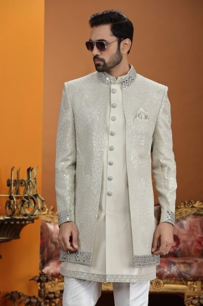 Contemporary Ivory Premium Ethnic Suit Set in Art Silk Fabric with Handwork Neck Kurta Pajama Wholesale