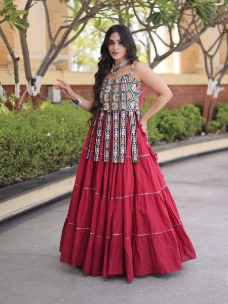 Contemporary Maroon Designer Kora Cotton Frill Lehenga with Kutchi Patchwork Blouse  Lehenga