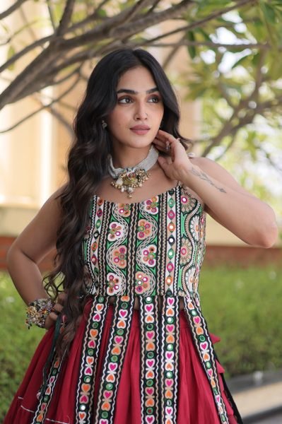 Contemporary Maroon Designer Kora Cotton Frill Lehenga with Kutchi Patchwork Blouse Navratri Lehnega Choli