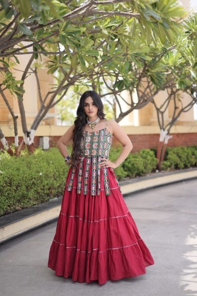 Contemporary Maroon Designer Kora Cotton Frill Lehenga with Kutchi Patchwork Blouse Navratri Lehnega Choli