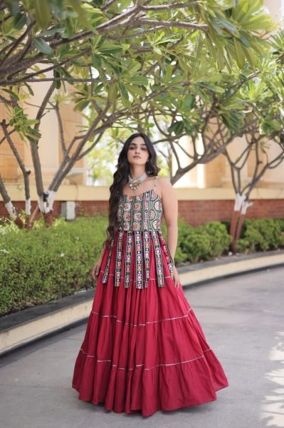 Contemporary Maroon Designer Kora Cotton Frill Lehenga with Kutchi Patchwork Blouse Navratri Lehnega Choli