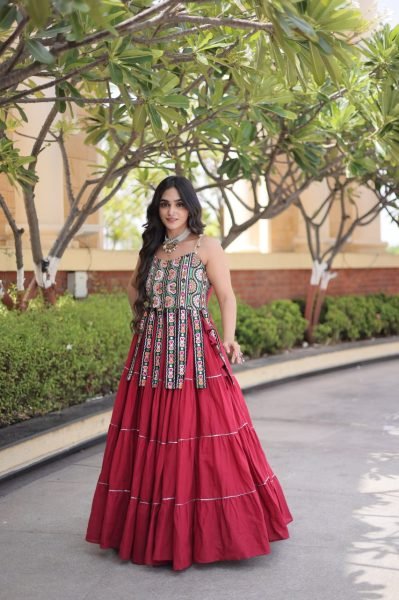 Contemporary Maroon Designer Kora Cotton Frill Lehenga with Kutchi Patchwork Blouse Navratri Lehnega Choli