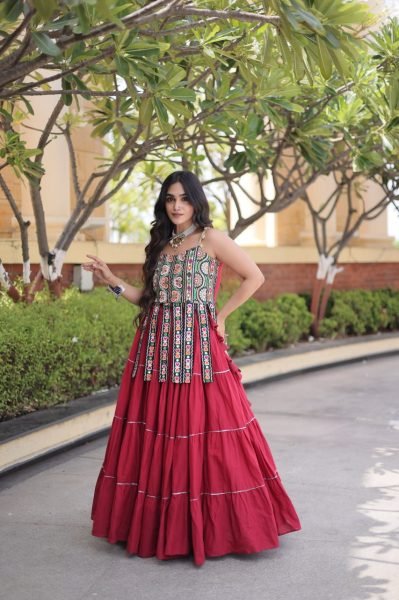 Contemporary Maroon Designer Kora Cotton Frill Lehenga with Kutchi Patchwork Blouse Navratri Lehnega Choli